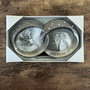 Fetco Photo Frame Wedding Gift Double Ring Pewter Finish Rhinestone 2.5" x 3"